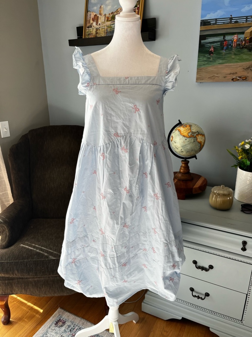 Light Blue Women’s Ruffle-Sleeve Dress with Pink Bow Embroidery Cotton Summer